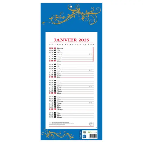 Calendrier mensuel à effeuiller - 19x42cm - Bleu - Janvier à décembre -  BOUCHUT GRANDREMY