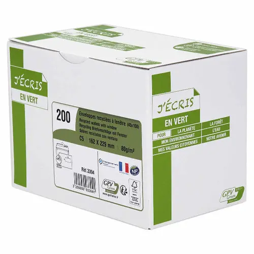 Boite de 200 Enveloppes C5 blanches recyclées 80gr/m² bande protec fenêtre 45x100 photo du produit