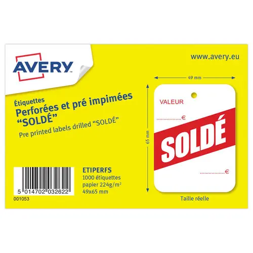 Boite de 1000 Etiquettes perforées pré-imprimées "soldé" 49x65 mm 1000étiq/boîte photo du produit