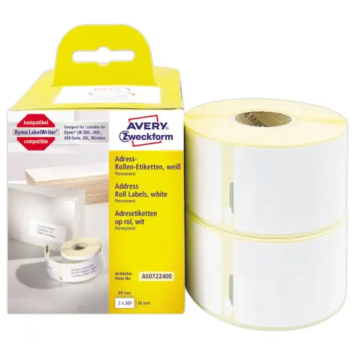 Lot de 2 Rouleaux de 260 étiquettes blanches 36x89 mm pour DYMO LW 450 photo du produit