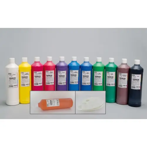 flacons de 1 litre de gouache couleurs assorties avec 2 palettes offertes photo du produit