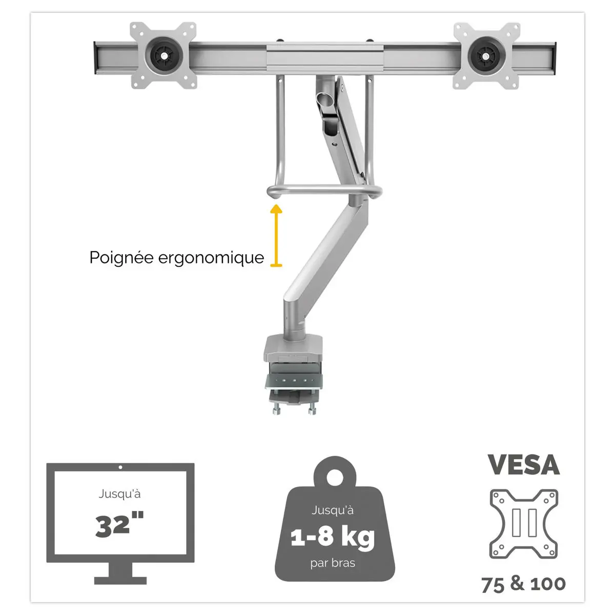 Bras porte-écran double à barre transversale Eppa - Argent - FELLOWES photo du produit