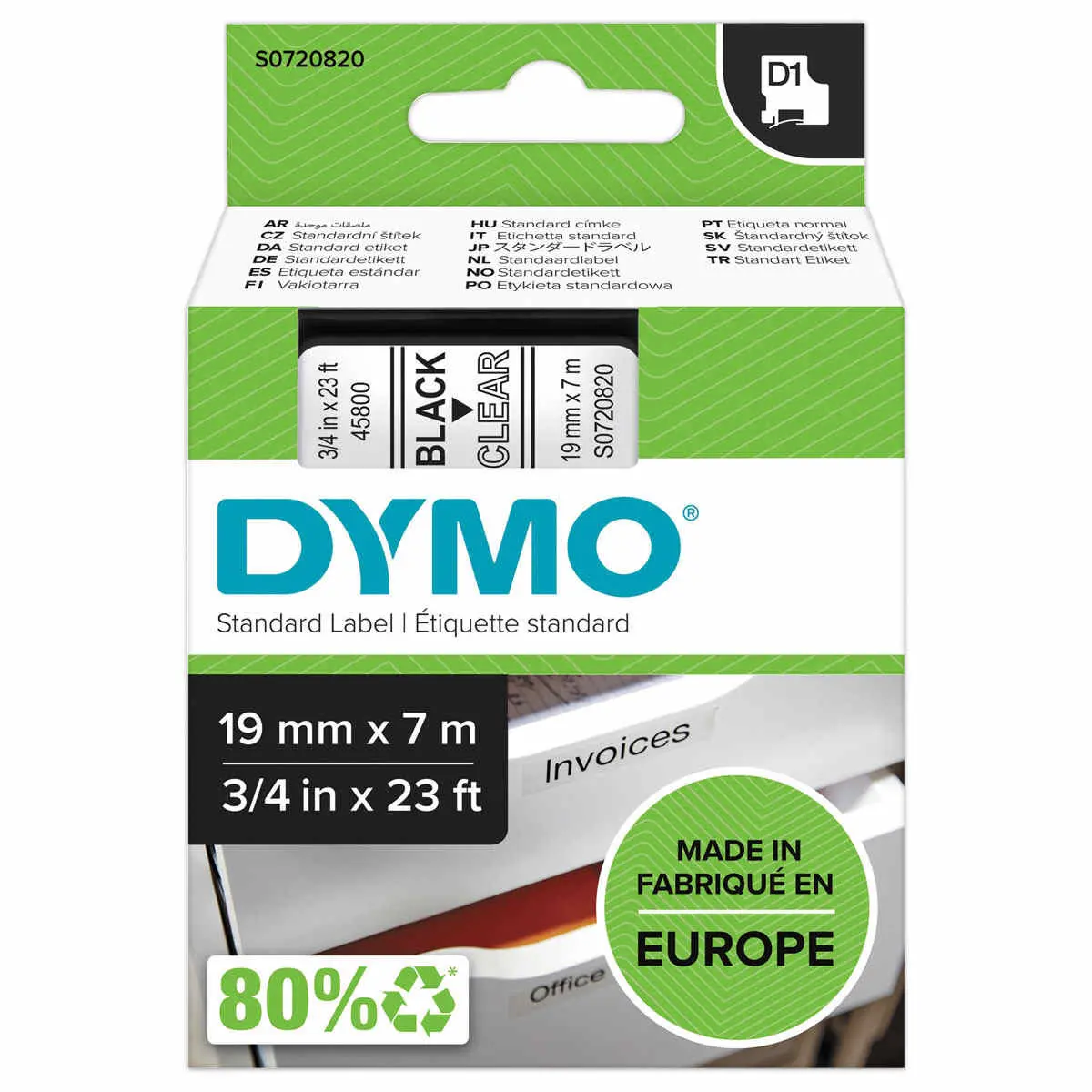 Ruban D1 DYMO S0720820 - 7 m x 19 mm - Texte noir sur fond transparent photo du produit