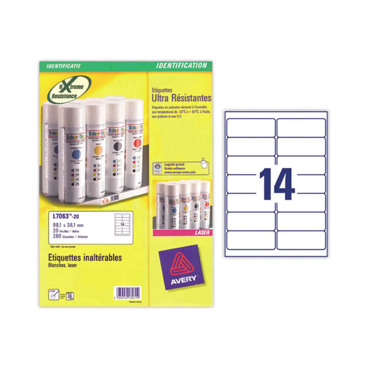 Boîte de 20 planches de 14 étiquettes blanches ultra résistantes - 99,1 x 38,1 mm - AVERY photo du produit