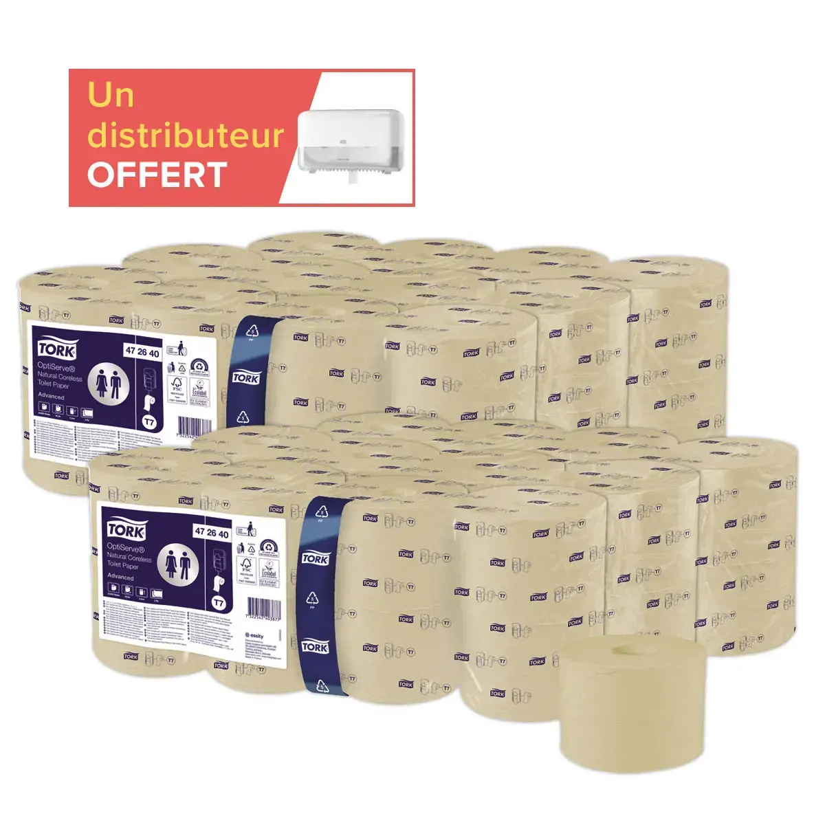 48 rouleaux (2x24) Tork Optiserve T7 natur + 1distrib Twin Mid-size T7 offert photo du produit